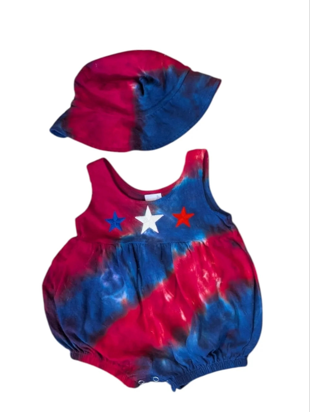 Vintage Infant Red White Blue Tie Dye Bubble Romper Matching Hat Outfit Size 6 M